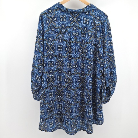 CJ Banks Sz 2X Blue Geometric Tunic Top Womens Button Down Long Sleeve Boho - Picture 9 of 11